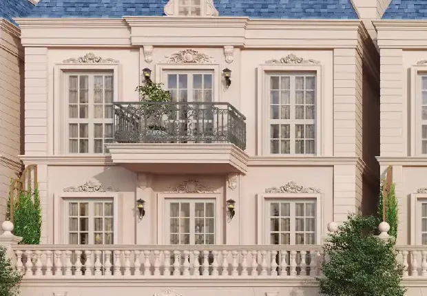 Symmetrical facade with stone balustrade and tall proportioned openings at Godrej Florenne