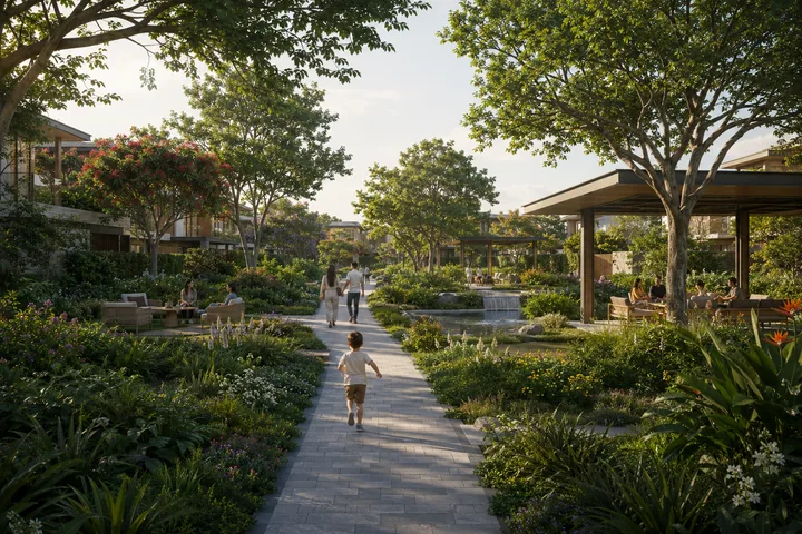 Indicative view of the landscaped garden spine with shaded pavilions