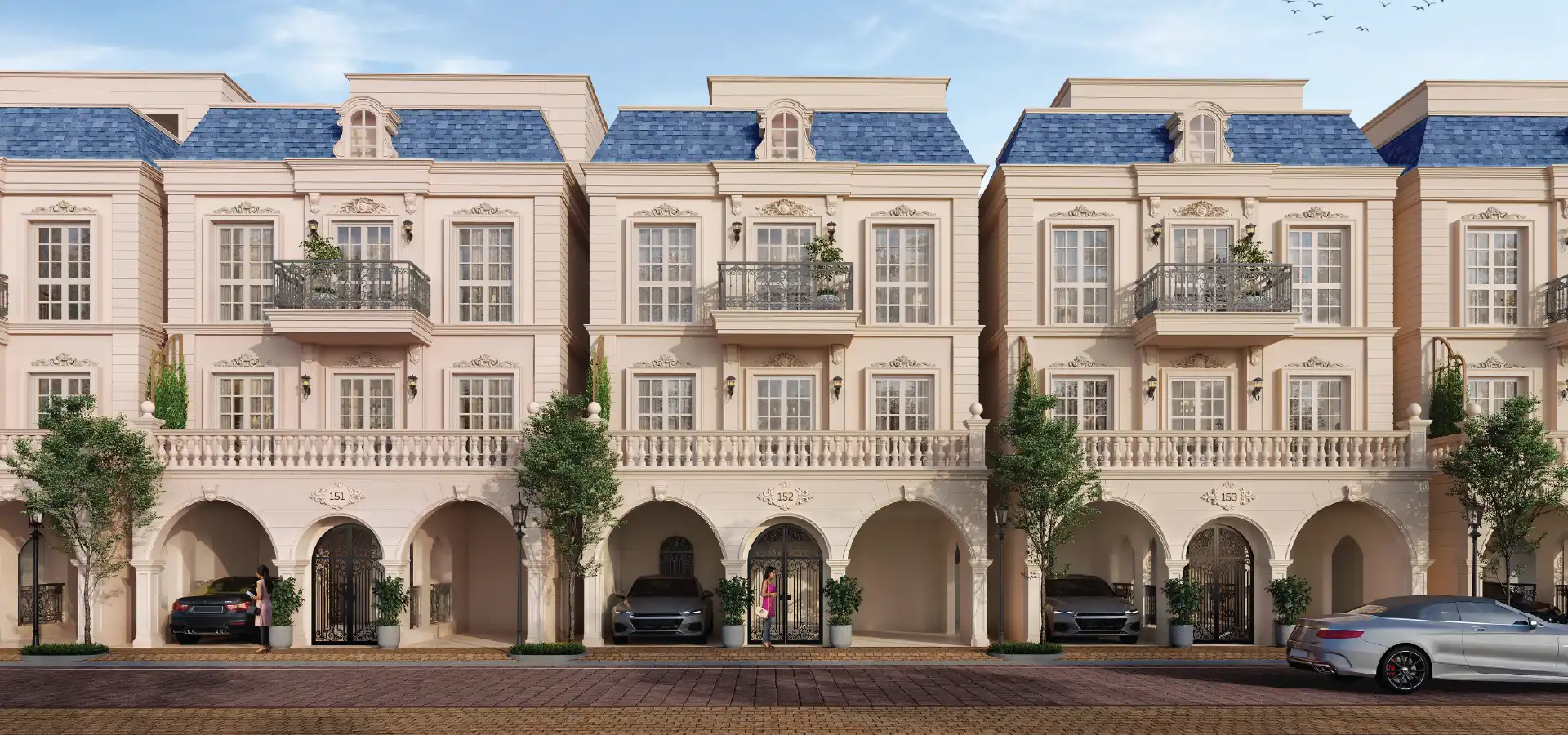 Godrej Florenne street elevation — French Renaissance row villas off Soukya Road, Whitefield, Bengaluru
