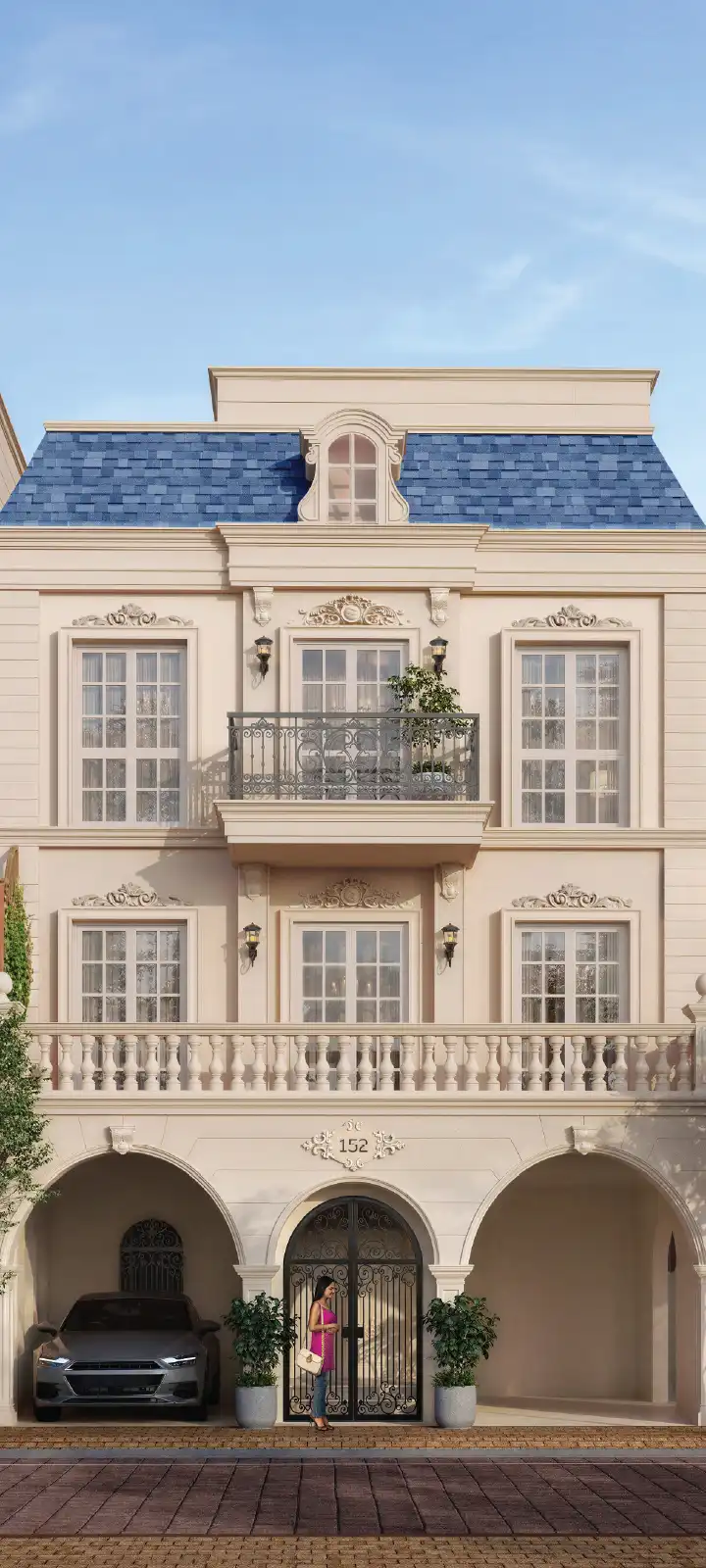 Godrej Florenne row villa elevation — four levels, mansard roof and arched arrival arcade, off Soukya Road, Whitefield